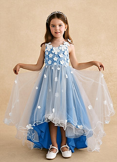 Azazie Celia Flower Girl Dresses Blue Jay A-Line Lace Tulle Dress image4
