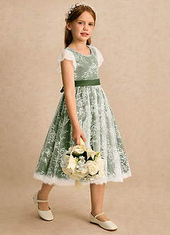 Azazie Maisie Flower Girl Dresses Ivory Olive A-Line Lace Dress image4