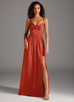 Azazie Zeya Bridesmaid Dresses Rust A-Line Pleated Stretch Satin Dress image2