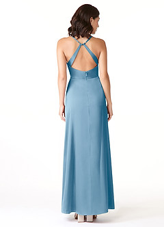 Azazie Geanna Bridesmaid Dresses Steel Blue Sheath V-Neck Pleated Stretch Satin Dress image2