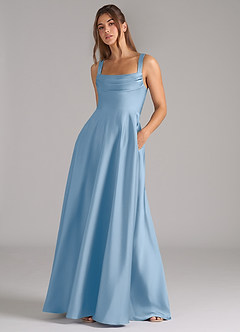 Azazie Shaude Bridesmaid Dresses Powder Blue A-Line Pleated Stretch Satin Dress image4