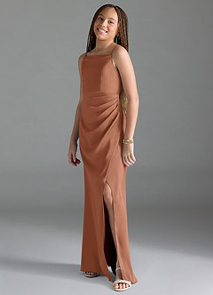 Azazie Leonis Junior Vestido Bronzeador de Cetim elástico de Linha A com Plissado image4