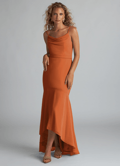 Azazie Summer Bridesmaid Dresses Cinnamon Mermaid Scoop Cowl Chiffon Dress image1