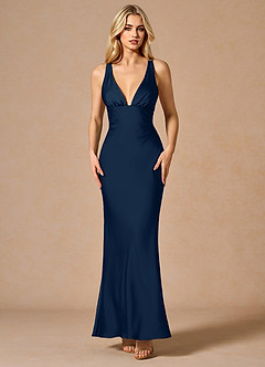 Azazie Floor-Length Maxi Dresses Mermaid Wedding Guest Formal Semi-Formal Black Tie Dresses V Neck Navy