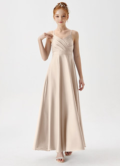 Azazie Avelina Junior White Alabaster A-Line Pleated Stretch Satin Dress image4