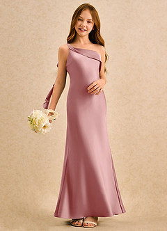 Azazie Almond Girls Formal Abiti da Ragazza di Fiori Abito Tubino in Raso Elasticizzato Monospalla Rosa Polverosa image2