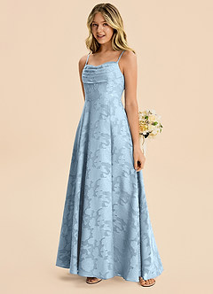 Azazie Bear Junior Sky Blue A-Line Pleated Floral Burnout Dress image3