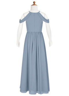 Azazie Seneca Junior Abito A-Line in Chiffon a Spalla Scoperta Blu Polveroso image7