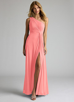 Azazie Brooke Bridesmaid Dresses Coral A-Line One Shoulder Mesh Dress image4