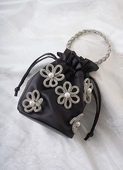 front Bolso tipo cubo de satén con flores y diamantes de imitación