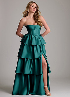 Azazie Faye Bridesmaid Dresses Peacock A-Line Ruched Stretch Satin Dress image4