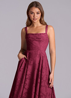 Azazie Shaude At-home Try On Dresses Burgundy A-Line Pleated Floral Burnout Dress image3