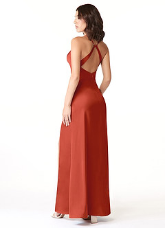 Azazie Geanna Robes de demoiselle d'honneur Robe Fourreau en Satin extensible Col V plissé Rouille image4