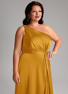 Azazie Brooke Vestidos de damas de honor Vestido de Caramelo de Satén Elástico de Corte en A con Hombro unilateral image13