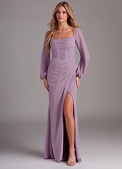 Azazie Charissa Brautjungfernkleider Etui Langarm Chiffon Kleid Blauregen image1