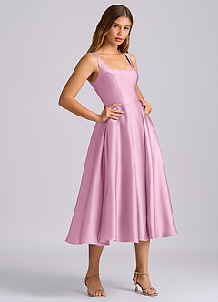 Azazie Amalie Vestidos de damas de honor Vestido de Rosa Caramelo de Satén Elástico de Línea A con Plisado image8