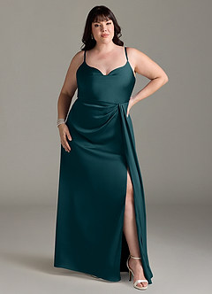 Azazie Brielle Bridesmaid Dresses Pine A-Line Cowl Spaghetti Straps Stretch Satin Dress image6