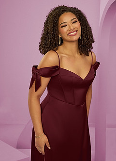 Barbie ♥ Azazie Bridesmaid Dresses Cabernet A-Line Off the Shoulder Stretch Satin Dress image14