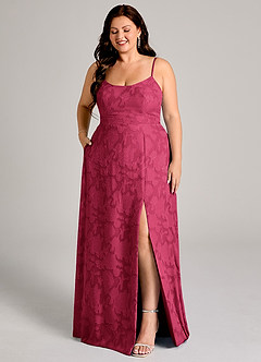 Azazie Moira Bridesmaid Dresses Burgundy A-Line Side Slit Floral Burnout Dress image4