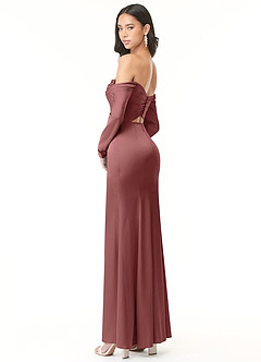 Azazie Hallie Vestidos de damas de honor Vestido de Amatista de Satén Elástico de Corte Recto Convertible con Manga larga con hombros descubiertos image6