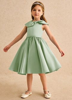 Azazie Acorn Robe Demoiselle D'honneur Fillette Robe Trapèze en Mat Satiné Plissée Vert Sauge image6