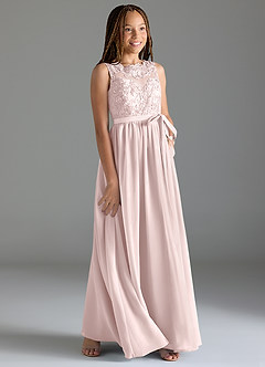 Azazie Elly Junior Jurk van Chiffon met A-Lijn Kant Blozend Roze image4