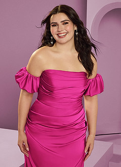 Barbie ♥ Azazie Bridesmaid Dresses Barbie Pink Sheath Off the Shoulder Stretch Satin Convertible Dress image15
