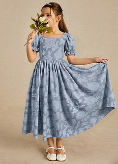 Azazie Joss vestidos de niña de las flores Vestido de Azul Polvoriento de Devorado Floral de Corte En A con Con mangas image1