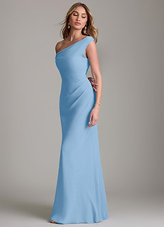 Azazie Emerson Bridesmaid Dresses Powder Blue Sheath Off the Shoulder Chiffon Dress image6