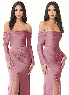 Azazie Hallie Bridesmaid Dresses Vintage Mauve Mermaid Off-The-Shoulder Long Sleeve Stretch Satin Convertible Dress image8