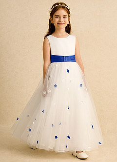 Azazie Cricket Flower Girl Dresses Ivory Royal Blue Ball-Gown Pleated Matte Satin Dress image3
