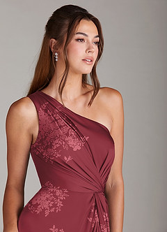 Azazie Brooke Bridesmaid Dresses Burgundy Floral Bouquet A-Line One Shoulder Stretch Satin Dress image6