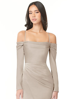 Azazie Hallie Bridesmaid Dresses Frost Sheath Off-The-Shoulder Long Sleeve Stretch Satin Convertible Dress image2