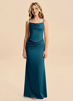 Azazie Sorrel Junior Ink Blue Mermaid Ruched Stretch Satin Dress image4