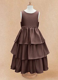 Azazie Margie Flower Girl Dresses Ganache A-Line Bow Stretch Satin Dress image4