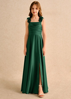 Azazie Rosita Girls Formal Blumenmädchenkleider A-Linie Plissee Matte Satin Kleid Dunkelgrün image3