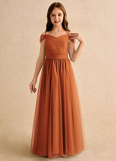 Azazie Yuna Girls Formal Flower Girl Dresses Cinnamon A-Line Off the Shoulder Tulle Dress image6