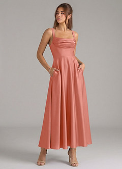 Azazie Shaude 신부 들러리 드레스 A라인 주름진 스트레치 새틴 발목 길이 드레스 image3