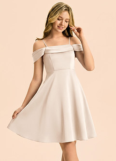 Azazie Anselie Junior White Alabaster A-Line Off the Shoulder Stretch Satin Dress image1