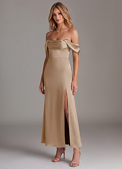 Azazie Saige Bridesmaid Dresses Taupe Mermaid Off the Shoulder Stretch Satin Dress image4