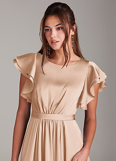 Azazie Daphne Modest Bridesmaid Dresses A-Line Ruched Stretch Satin Floor-Length Dress image5