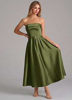 Azazie Lucienne Bridesmaid Dresses Olive A-Line Pleated Stretch Satin Dress image5