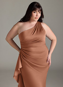 Azazie Latrice Bridesmaid Dresses Bronzer Sheath One Shoulder Cascading Ruffles Stretch Satin Dress image5