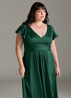 Azazie Omari Bridesmaid Dresses Dark Green A-Line Stretch Satin Dress image12