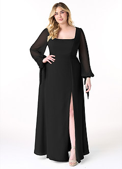Azazie Leonia Bridesmaid Dresses Black A-Line Long Sleeve Chiffon Dress image8