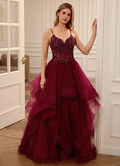 Zinnia Burgundy A-line Floral V-neck Tulle Tier Prom Dress image5