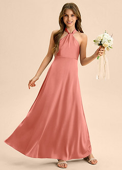 Azazie Beah Junior Salmon Pink A-Line Pleated Stretch Satin Dress image5