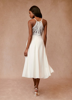 Azazie Minerva Wedding Dresses A-Line Sequins Stretch Crepe Tea-Length Dress image2