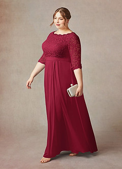 Azazie Lucianna At-home Try On Dresses Burgundy A-Line Lace Dress image10