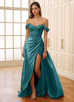 Rowane Peacock Blue Corset Rhinestone Sheer Lace Prom Dress image7